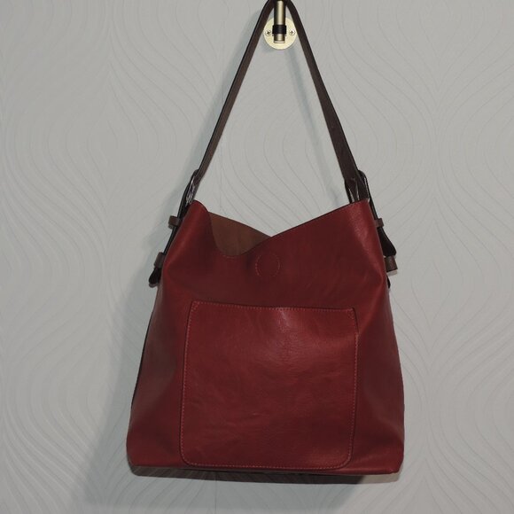 JOY SUSAN Red 2 in 1 Burgundy Red & Brown Vegan Hobo Bag plus Crossbody Purse - Picture 1 of 13
